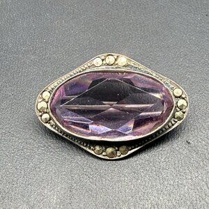 Vintage Sterling Silver Purple Glass Brooch Germany